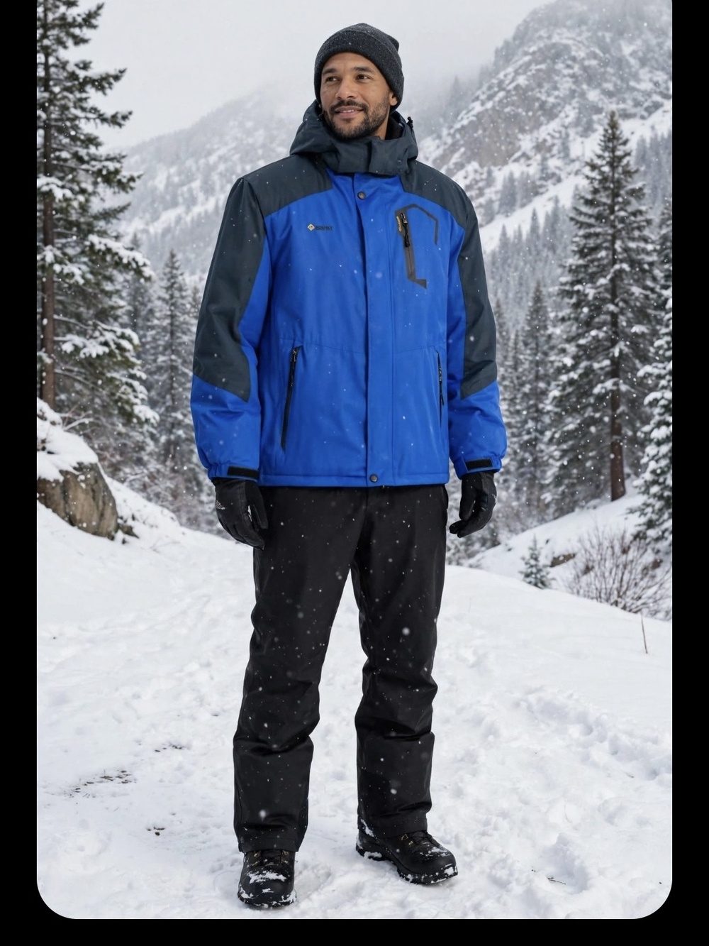 Men's Blue and Charcoal Ski Jacket with Waterproof Shell